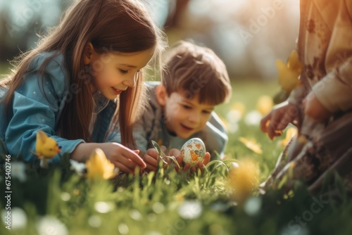 Niños buscando huevos de pascua en un jardín.  photo