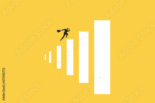 Business challenge, revenue rebound and recover from economic crisis or earning and profit growth jump from bottom concept, strong businessman jumping from trampoline back to top of growing bar graph