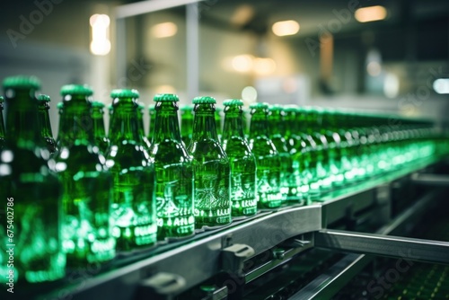 Beer conveyor belt with glass beer bottles modern production line