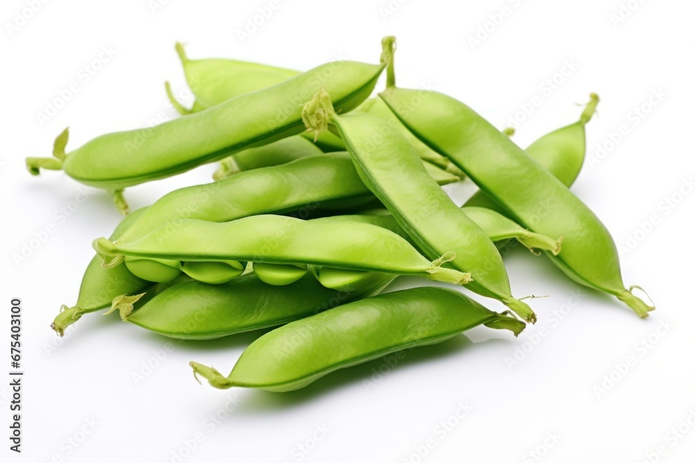 Fresh green bean pods with peas on white background Fresh green bean pods with peas on white background