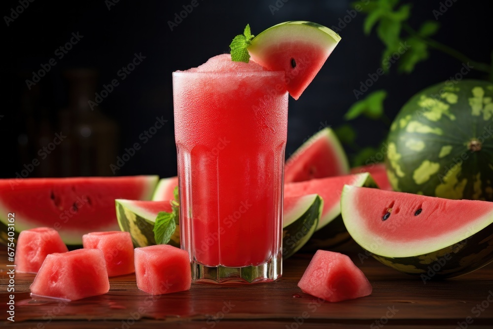 Fresh watermelon juice with ice in a glass looks delicious. Fresh watermelon juice with ice in a glass looks delicious.