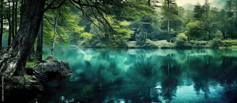 The serene landscape of the forest with its lush green trees and a shimmering blue lake reflecting the magnificent background of turquoise sky creates a mesmerizing mirror like pond as the m