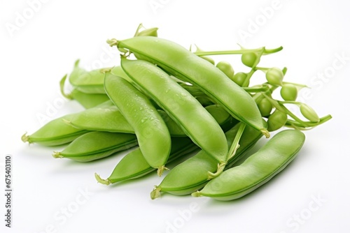 Fresh green bean pods with peas on white background