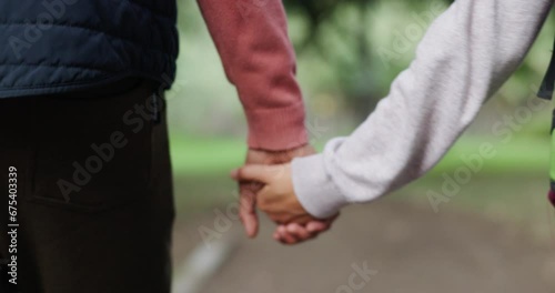 Walking, hiking closeup or couple holding hands on holiday vacation on countryside outdoors together. Back, campers or romantic people bonding with love in woods adventure journey to travel in Brazil