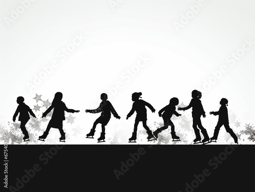 Children are having fun playing ice-skating. 2D flat silhouette style illustration. 