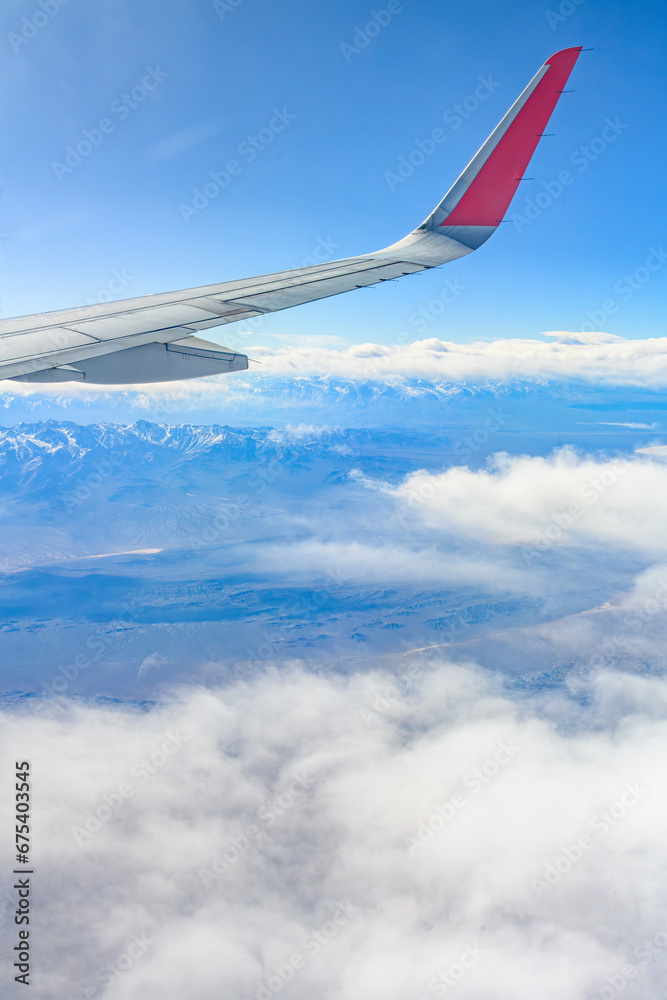 Fototapeta premium Vista da asa de avião comercial com Cordilheira dos Antes durante primavera.