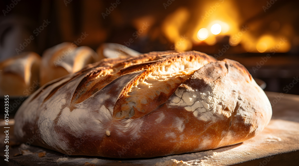 Artisan sourdough bread with a golden crust. Freshly baked in a bakery. Fire in the background