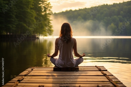 Young woman meditating on a pier on the edge of a lake © ORG