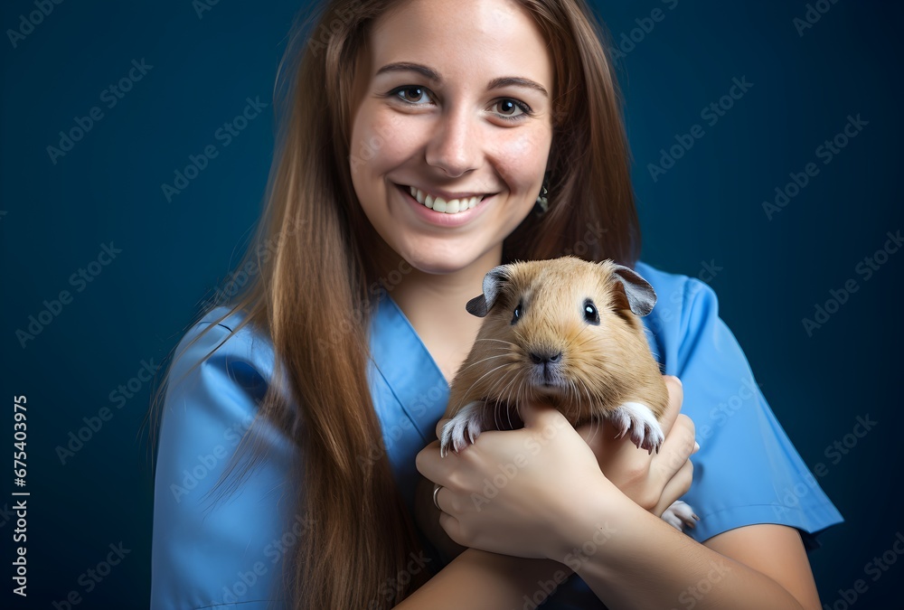 young female veterinarian holding a guinea pig, in a veterinary clinic, caring for animals, veterinary medicine young female veterinarian holding a guinea pig, in a veterinary clinic, caring for animals, veterinary medicine