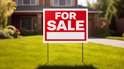 FOR SALE yard sign for real estate home for sale stock photo stand frame posts. House for sale. A stunning real estate photograph of a suburban home with a "for-sale" sign in the yard.