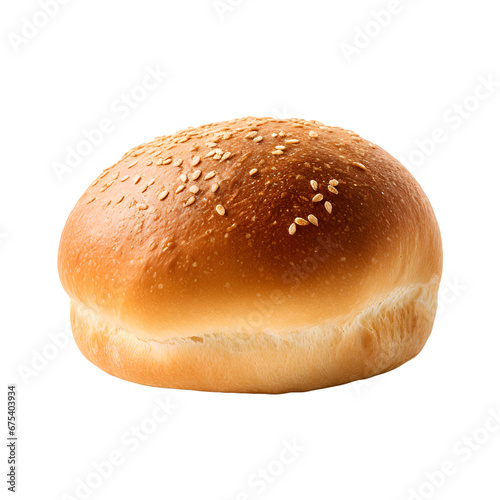 Freshly baked burger bun with sesame seeds, isolated on a transparent background.