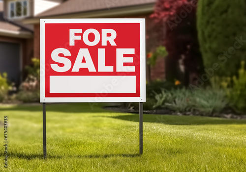FOR SALE yard sign for real estate home for sale stock photo stand frame posts. House for sale. A stunning real estate photograph of a suburban home with a 