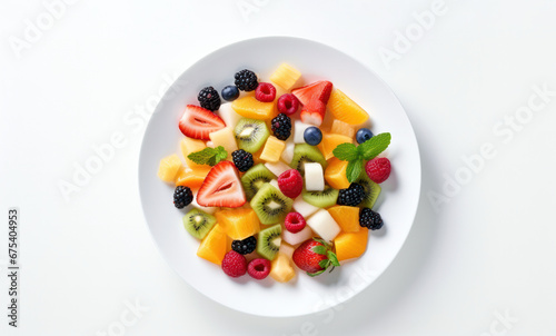 salad of fruit, cut fruits in white plate