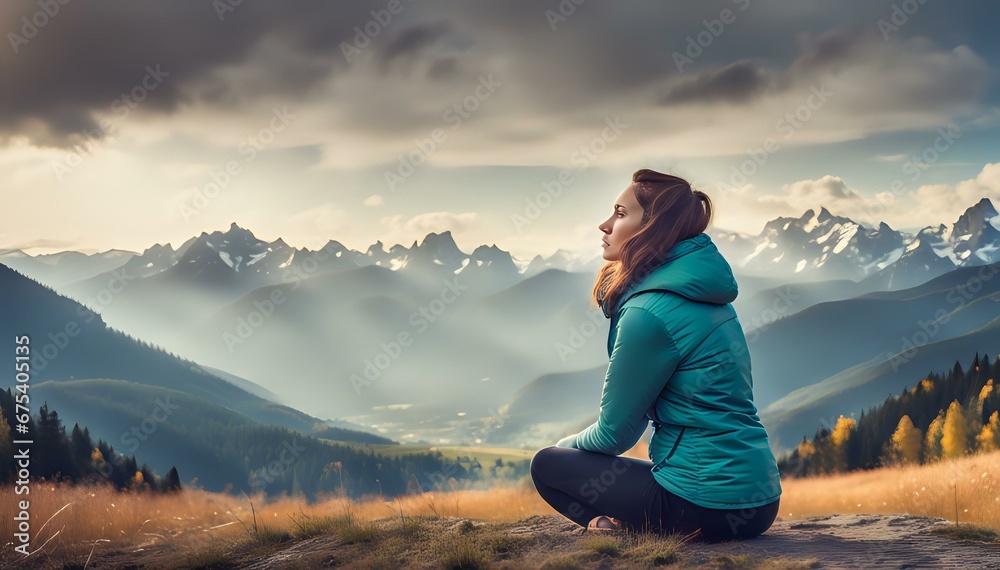 A relaxed Woman practices meditation on the mountain. Concept of relaxation and harmony.