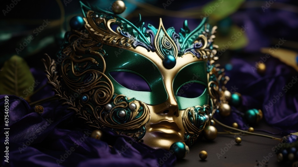Festive Mardi Gras, Venetian or carnival mask on a dark purple background