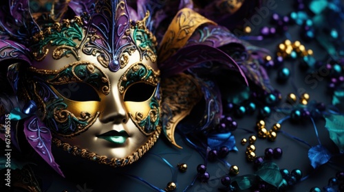 Festive Mardi Gras, Venetian or carnival mask on a dark purple background © Татьяна Креминская