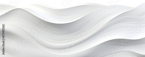 Minimalistic abstract background with white 3D waves. Banner with white glossy soft wavy embossed texture isolated on white background. Horizontal poster with copy space for text.