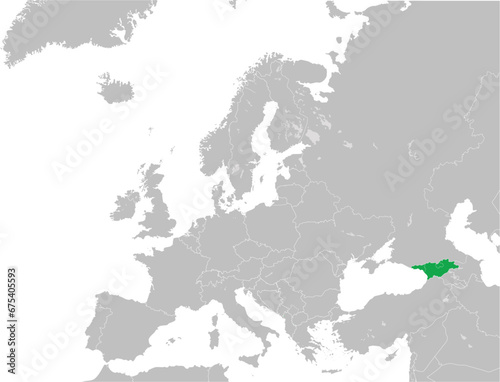 Green CMYK national map of GEORGIA inside detailed gray blank political map of European continent with lakes on transparent background using Mercator projection