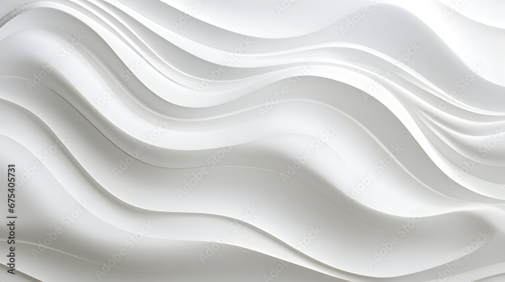 Minimalistic abstract background with white 3D waves. Banner with white glossy soft wavy embossed texture isolated on white background. Horizontal poster with copy space for text. Minimalistic abstract background with white 3D waves. Banner with white glossy soft wavy embossed texture isolated on white background. Horizontal poster with copy space for text.