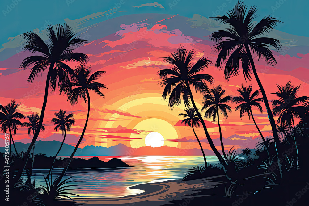 Illustration of a tropical island at sunset.
