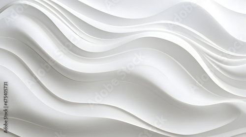 Minimalistic abstract background with white 3D waves. Banner with white glossy soft wavy embossed texture isolated on white background. Horizontal poster with copy space for text.