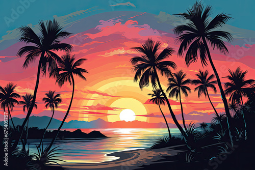 Illustration of a tropical island at sunset.