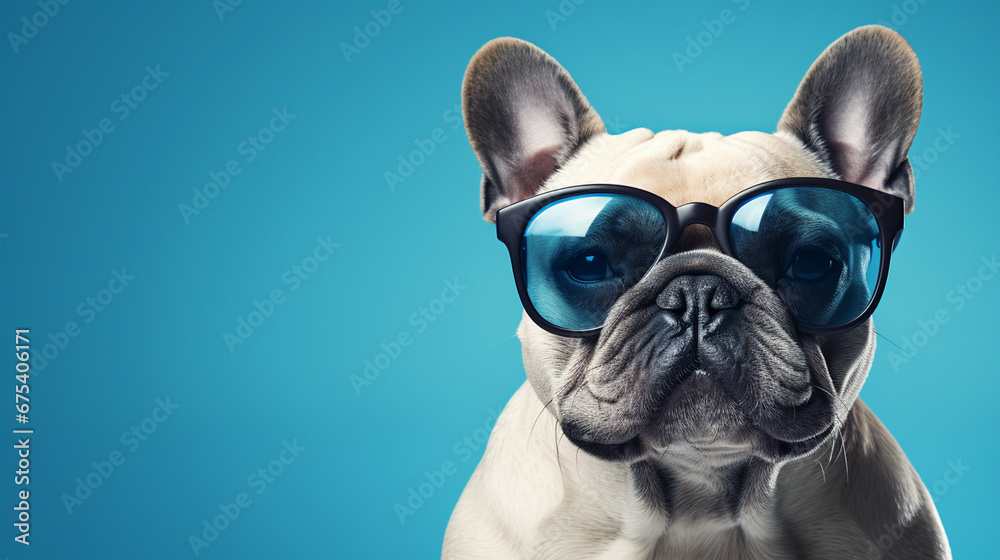 Funny dog with glasses on a blue background, generative AI