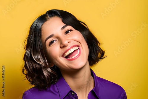 A woman is wearing a purple shirt, smiling, and laughing while looking up against a yellow background. Generative ai