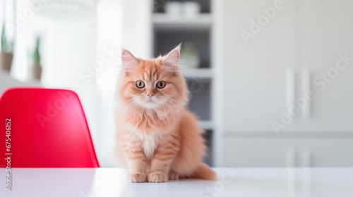 A red kitten sits on the table of a bright room, generative AI
