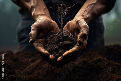 Man holding some dark soil in hands.
