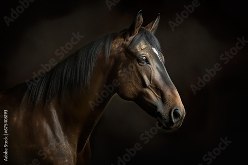 Elegant horse isolated on a black background. Close-up portrait of a horse.