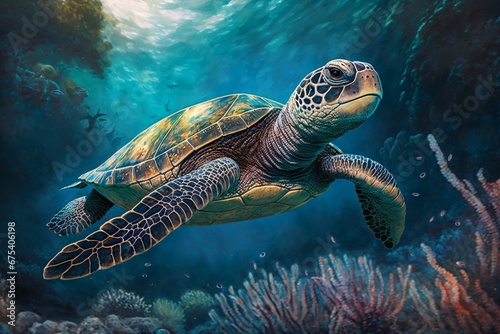 A close-up of a turtle swimming in the ocean with clear blue water. Illustration for cover, card, postcard, interior design, decor or print.