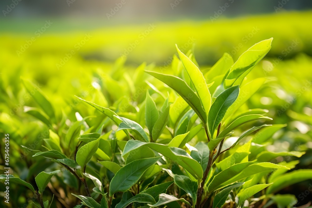 Fototapeta premium Green tea leaves in a tea plantation