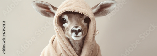 Beige colored banner with hooded reindeer from pajamas, generative AI