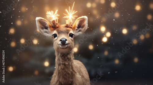 A little Christmas reindeer among the bright lights, generative AI photo