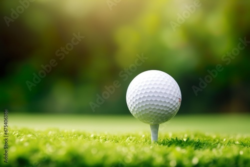 Close-up of golf ball on green grass of golf course, sunny day, blurred backdrop