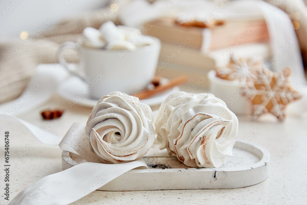 Aesthetics delicate marshmallow, hot cocoa, ginger homemade cookies at cozy home. Aesthetic white Christmas background Aesthetics delicate marshmallow, hot cocoa, ginger homemade cookies at cozy home. Aesthetic white Christmas background