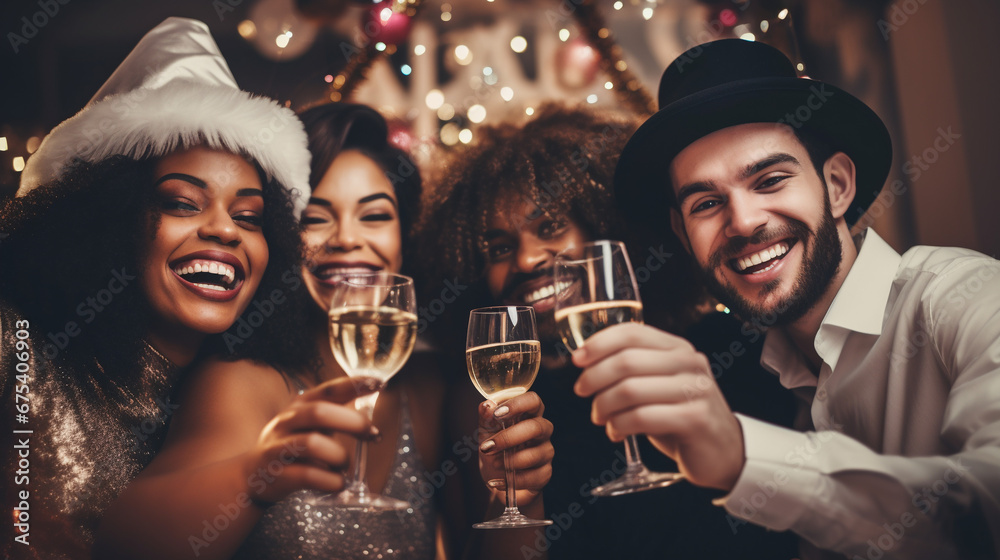 Group of people celebrate New Year with champagne