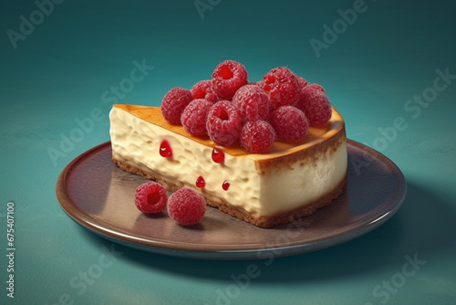 Obraz na płótnie Piece of cheesecake with raspberries on a blue background w salonie