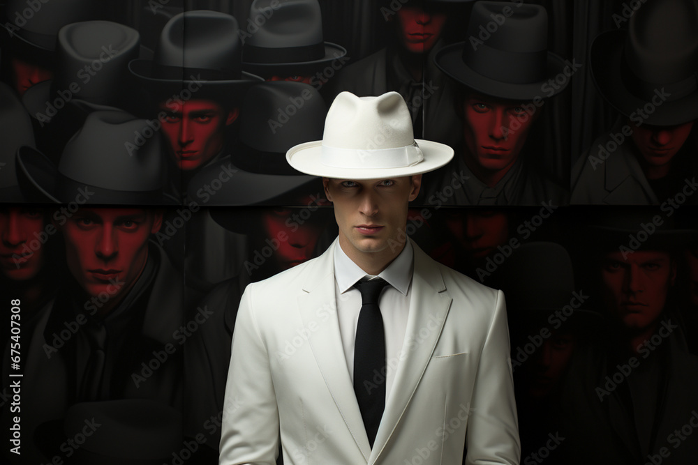 Monochromatic Elegance: White Suit and Black Jacket with Hat Canvas Art