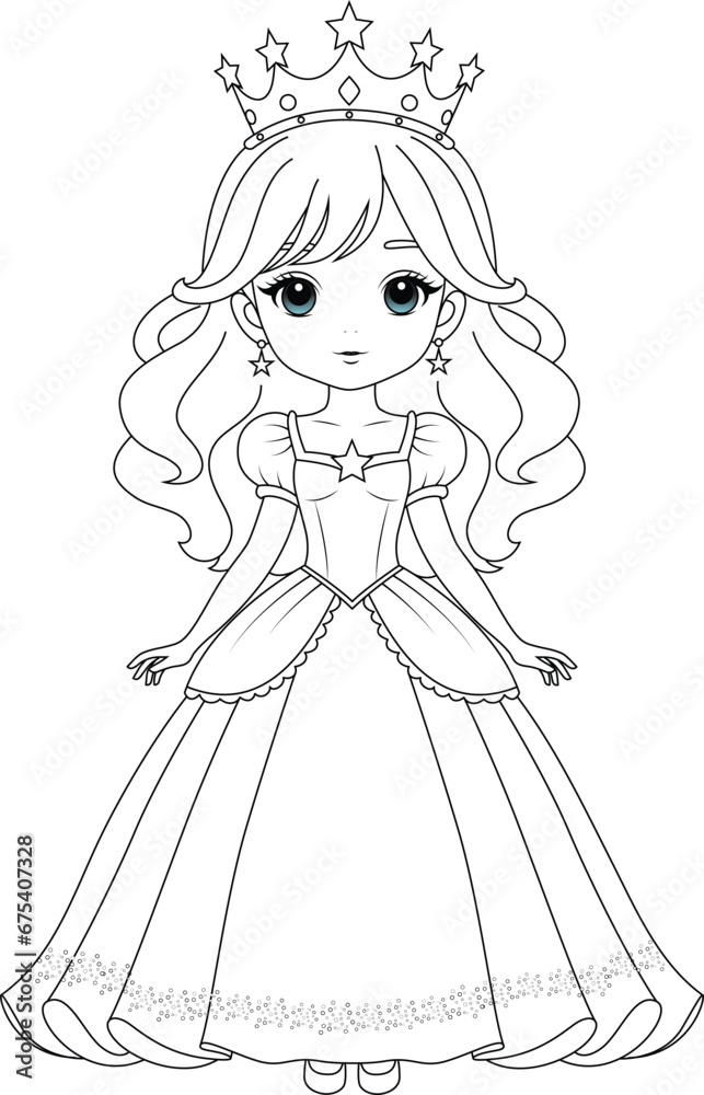 Fototapeta premium Coloring page cute princess. Flat vector outline for kids coloring book