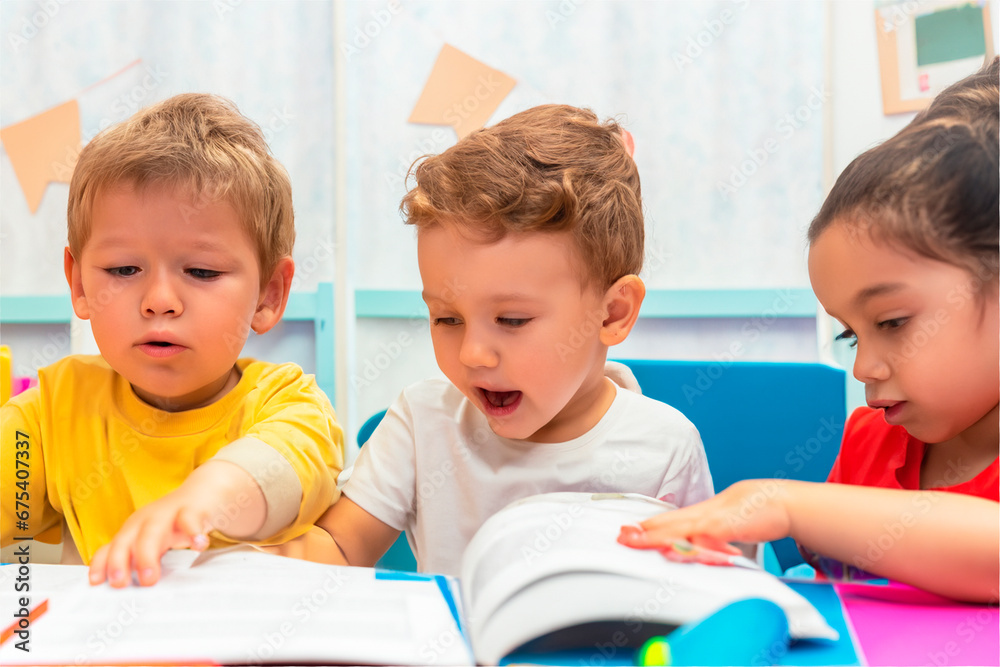 Children reading book together.Generative Al Children reading book together.Generative Al