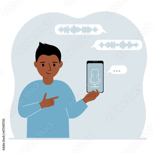 Little boy holding smartphone using voice assistant app. Voice recognition concept. Smart speaker applications, office controller, hands-free phone calls, voice command software.