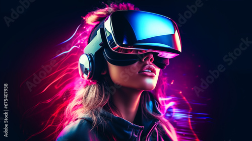 Beautiful young woman in virtual reality goggles. Future technology concept.
