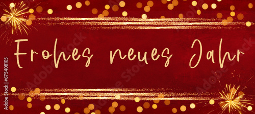 Frohes neues Jahr 2024 Silvester Neujahr Feiertag Banner Grußkarte Illustration - Goldenes Feuerwerk, Glitzerstreifen und deutscher Text, isoliert roter Textur Hintergrund