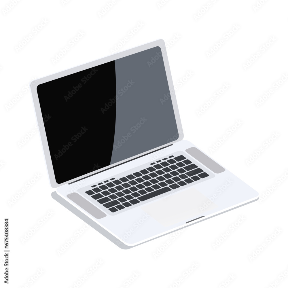 Open white laptop with black screen isolated. Modern notebook pc. Portable computer for work and study digital gadget. Technical equipment for workplace and freelancing with display and keyboard Open white laptop with black screen isolated. Modern notebook pc. Portable computer for work and study digital gadget. Technical equipment for workplace and freelancing with display and keyboard