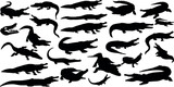Black silhouettes of alligators and crocodiles on a white background. A vector illustration for wildlife, nature, and education.
