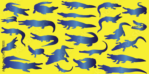 Blue gradient Lizard crocodile alligator vector illustration, yellow background. Exotic reptile design, modern trendy pattern. Fierce, ferocious, aquatic, amphibious, prehistoric, ancient, endangered