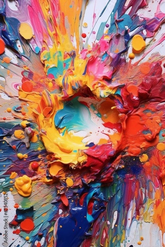 Irregular splatters of vibrant paint in a rainbow of colors bring an artistic and playful vibe