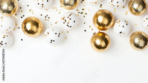 Glam New Years Eve or birthday party celebration white and gold balloons, disco balls, confetti background, web banner with copy space